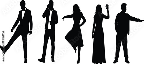 PrintElegant people silhouette set with men and women in different poses, black flat vector illustration collection
