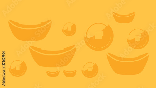 Golden ingots and coins scattered on a vibrant yellow backdrop representing wealth and abundance a treasure trove illustration