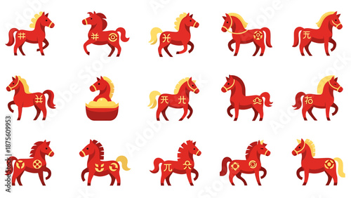 Collection of Red Horse Motifs with Decorative Elements in Various Poses on White Background