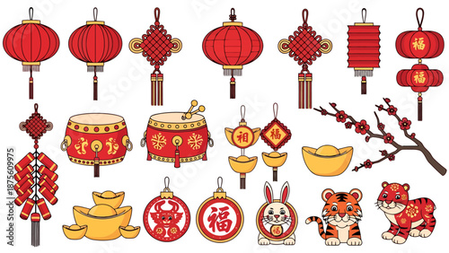 Collection of Traditional Chinese New Year Decorations Featuring Lanterns Zodiac Animals Drums and Lucky Charms for Festive Celebrations