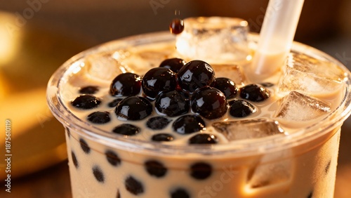 ice boba tea, tapioca pearls milk tea, straw, closeup