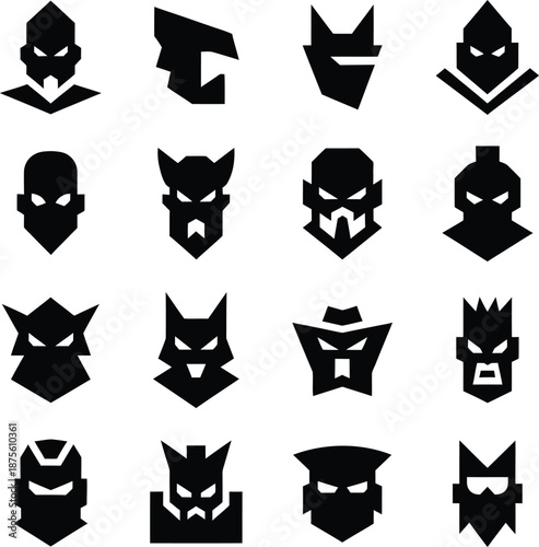 Collection of black silhouette superhero and villain mask icons with sharp geometric edges on a white background.