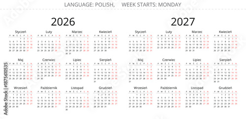 Polish calendar 2026 and 2027 year. Vector illustration Poland
