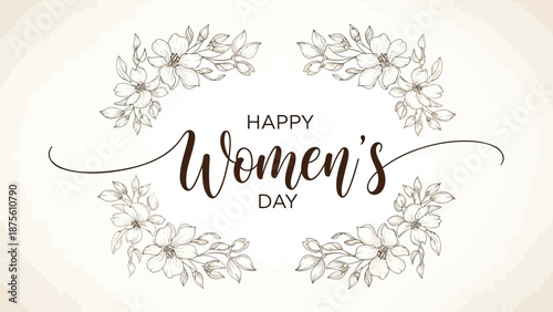 Elegant women's day greeting card with floral wreath and cursive text on beige background perfect for celebration