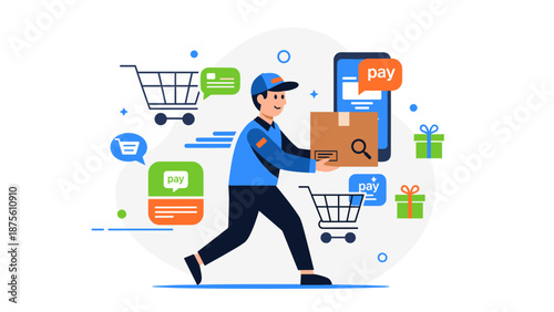 Delivery Man Holding Package and Smartphone.