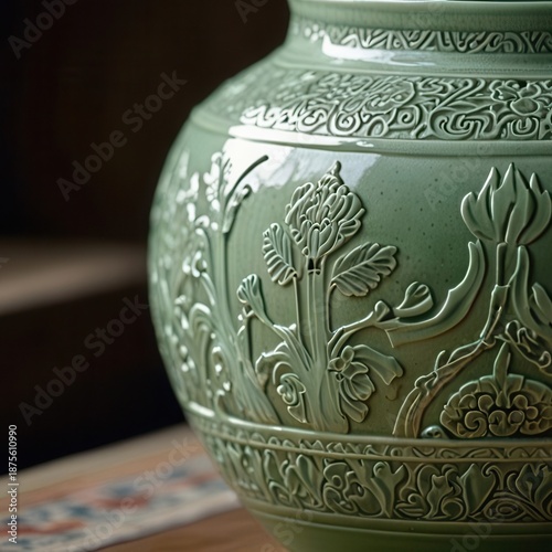 Korean Celadon Pottery Texture Lotus Pattern in Green Glaze 청자 도자기