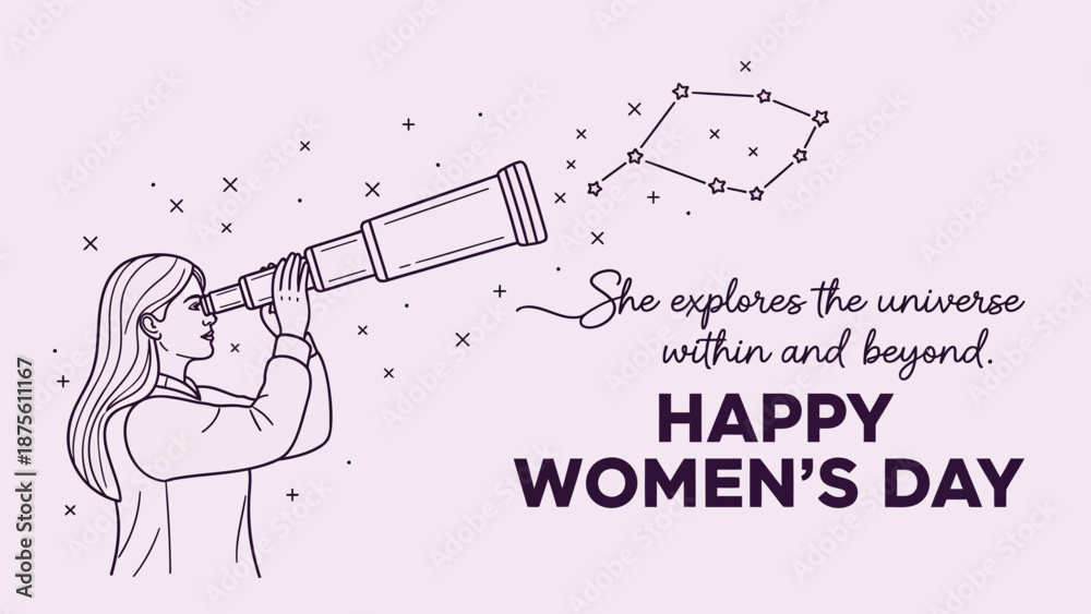 Fototapeta premium Woman explores universe with telescope on happy women's day celebrating empowerment and stargazing