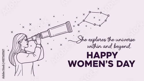 Woman explores universe with telescope on happy women's day celebrating empowerment and stargazing