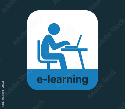 E learning icon with person sitting at desk using laptop computer
