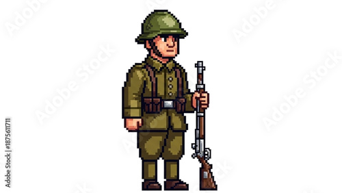 A pixel art illustration of a soldier in green uniform holding a rifle