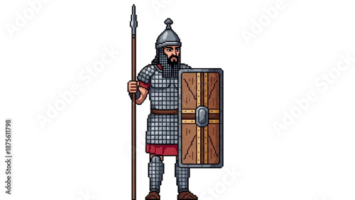 A medieval knight in armor holding a shield and spear in a vector graphic illustration