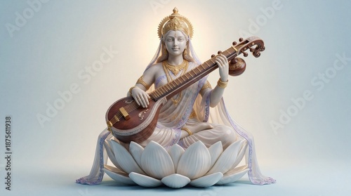 Hindu Goddess Saraswati 3D sculpture playing Veena on lotus