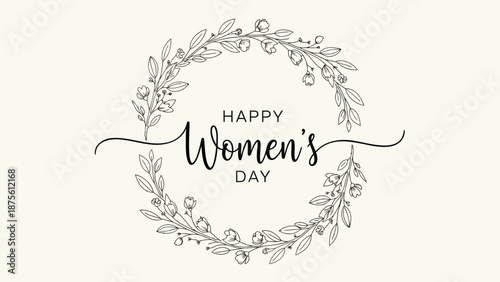 Elegant hand drawn floral wreath with happy women's day text on cream background