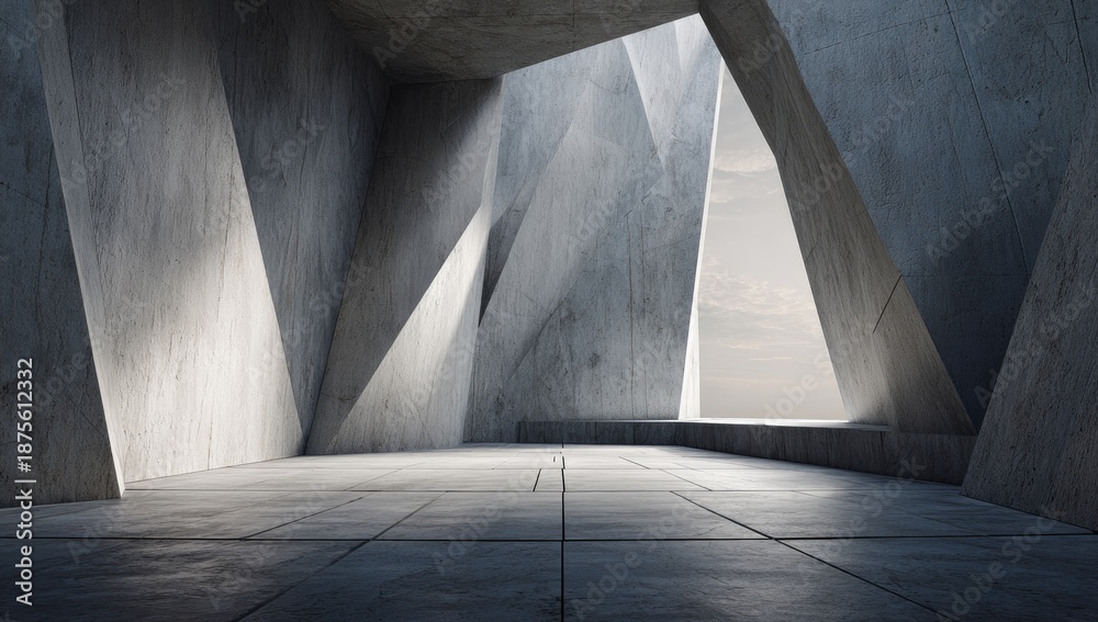 Obraz premium Modern architectural interior with geometrical concrete walls and a view to the sky