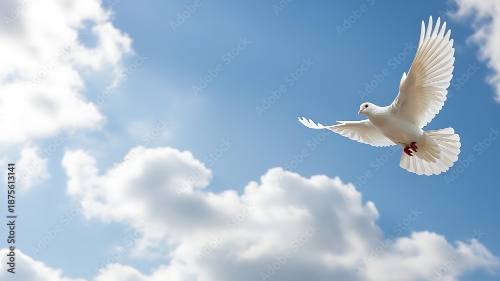 Fototapeta premium A white dove flying in the sky with fluffy white clouds