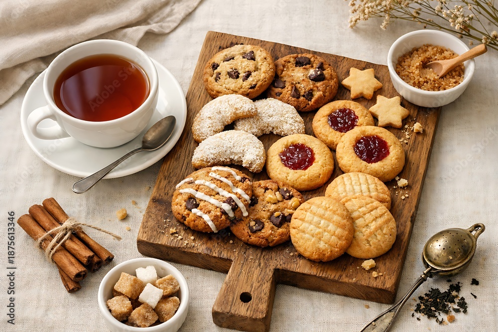 custom made wallpaper toronto digitalCup of tea with assorted cookies on wooden board and cinnamon sticks rustic composition