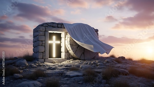 A glowing cross in a stone tomb with a white cloth draped over it at sunset easter day