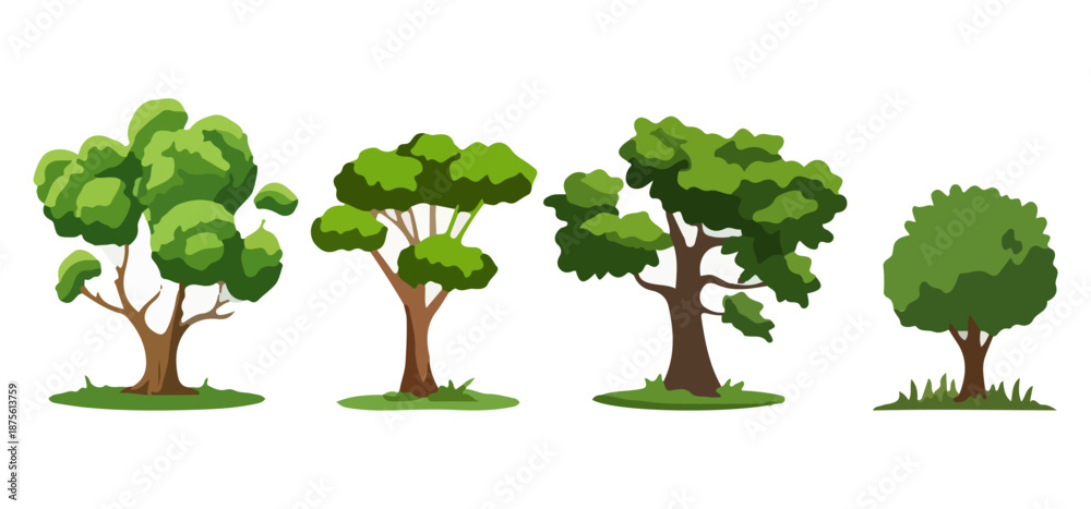 Fototapeta premium Tree Vector Illustration Collection Featuring Tropical and Orchard Trees with Mango, Apple, Banana, Orange, Coconut Palm and More Isolated on White Background