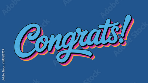 congrats text typography in colorful retro script style, celebration congratulation message design, decorative lettering illustration isolated on blue background
