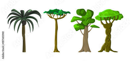 Tree Vector Illustration Collection Featuring Tropical and Orchard Trees with Mango, Apple, Banana, Orange, Coconut Palm and More Isolated on White Background