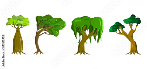 Tree Vector Illustration Collection Featuring Tropical and Orchard Trees with Mango, Apple, Banana, Orange, Coconut Palm and More Isolated on White Background