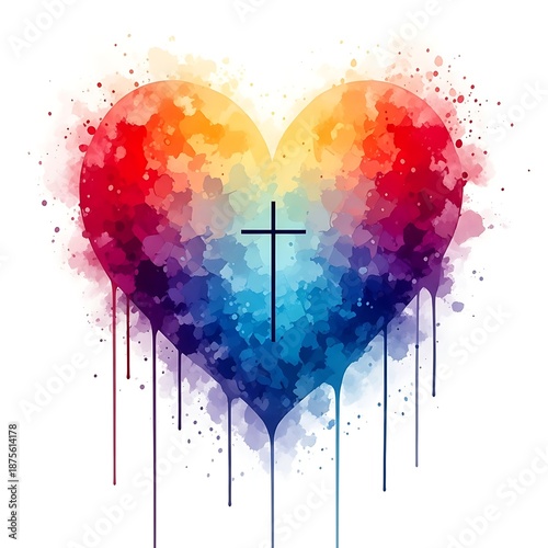 Vibrant rainbow heart with cross symbol on white background, representing love and faith easter day