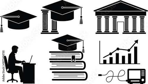 Education and graduation icons vector set with university building books diploma online learning growth analytics and academic success symbols