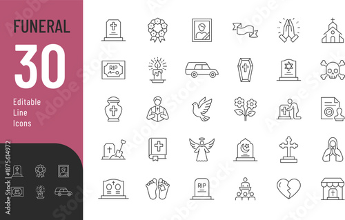 Funeral Line Editable Icons set. Vector illustration in modern thin style of death related icons: types of tombstones, death certificates, funeral rituals, and more. Isolated on transparent background