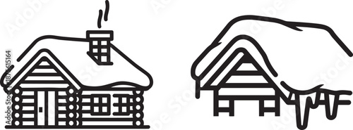 Rustic Log Cabin and Winter House Icons with Snow and Icicles for Seasonal Travel and Cold Weather Concepts