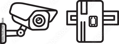 Security and Financial Transaction Monitoring Icons Set Showing a CCTV Surveillance Camera and a Credit Card Inserted into a Reader for Protection and Fraud Prevention.