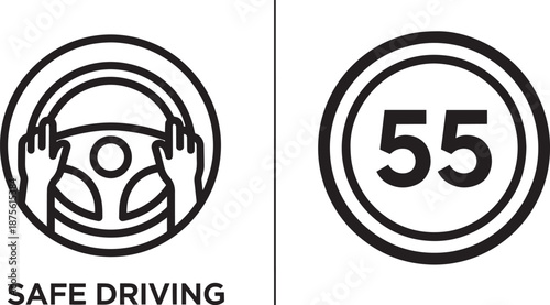 Road Safety and Defensive Driving Icons Featuring Hands on a Steering Wheel and a Fifty-Five Miles Per Hour Speed Limit Circular Traffic Sign for Traffic Law Compliance.