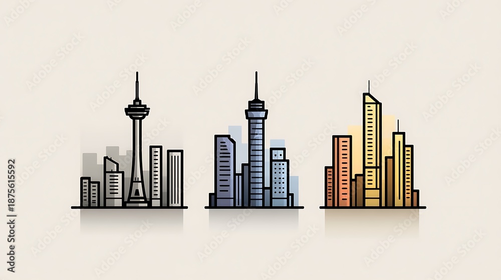 Obraz premium Stylized illustrations showcasing three urban city skyline silhouettes with vibrant color schemes