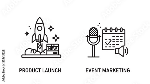 Marketing icons representing a new product launch rocket and an event marketing calendar with microphone