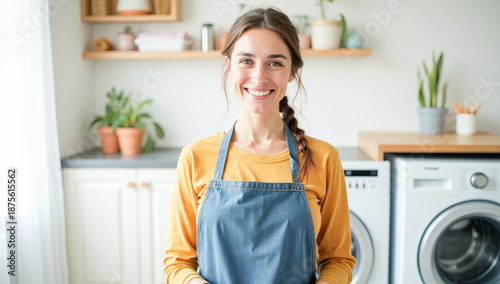 housewife in an apron near the washing machine