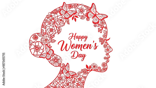 Floral silhouette of a woman's face with happy women's day message beautiful line art illustration