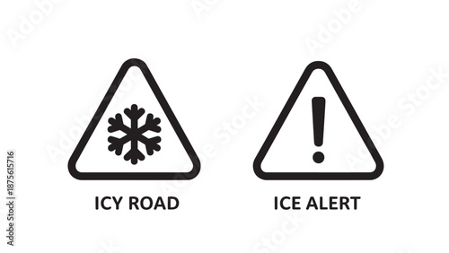 Winter weather warning icons for icy road conditions and hazardous ice alert safety notification