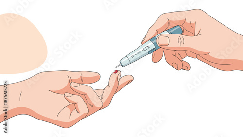Medical procedure showing a blood sugar test being performed on a finger using a modern glucose meter device.