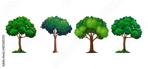 Tree Vector Illustration Collection Featuring Tropical and Orchard Trees with Mango, Apple, Banana, Orange, Coconut Palm and More Isolated on White Background