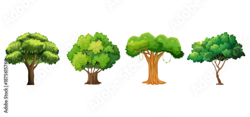 Tree Vector Illustration Collection Featuring Tropical and Orchard Trees with Mango, Apple, Banana, Orange, Coconut Palm and More Isolated on White Background