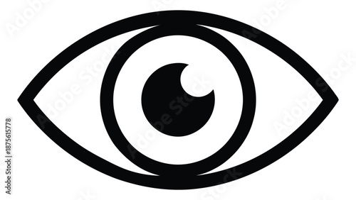 minimal eye icon in black silhouette style, vision and visibility symbol, simple human eyesight and observation vector illustration isolated on white