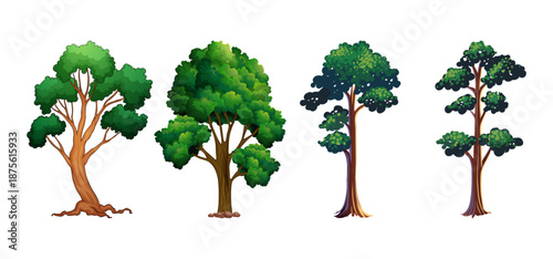 Tree Vector Illustration Collection Featuring Tropical and Orchard Trees with Mango, Apple, Banana, Orange, Coconut Palm and More Isolated on White Background