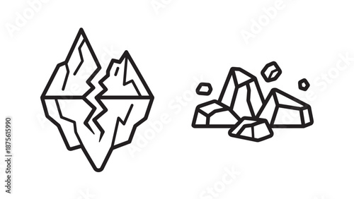 Nature and Geology Icons Featuring a Large Cracked Iceberg and a Pile of Jagged Rock Stones