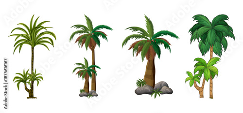 Tree Vector Illustration Collection Featuring Tropical and Orchard Trees with Mango, Apple, Banana, Orange, Coconut Palm and More Isolated on White Background