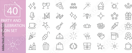 40 Party and Celebration Icons Set Featuring Birthday, Festival, Event Decorations, Balloons, Confetti, Fireworks, Gifts, Music, Cake, Toasting Drinks, and Fun Celebration Elements