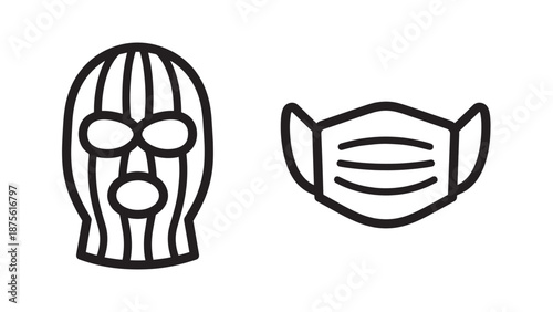 Security and Hygiene Icon Set Featuring a Thief Balaclava and a Medical Face Mask in Line Art Style
