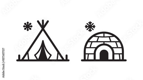 Traditional Teepee Tent and Arctic Igloo Icons for Cultural Housing and Winter Survival Shelters
