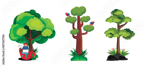 Tree Vector Illustration Collection Featuring Tropical and Orchard Trees with Mango, Apple, Banana, Orange, Coconut Palm and More Isolated on White Background