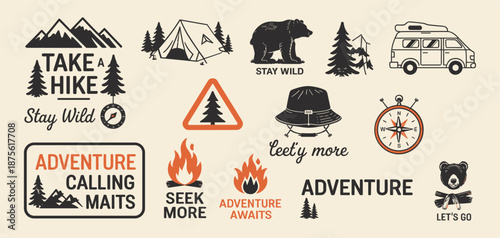 Outdoor adventure badge set with camping quotes and forest illustrations. Perfect for t-shirt designs, stickers, travel gear, or hiking-themed merchandise.