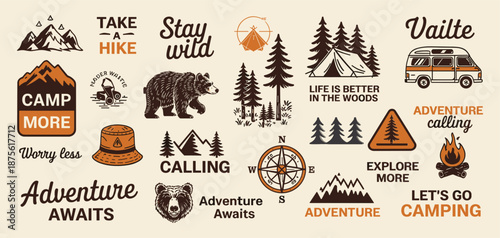 Outdoor adventure badge set with camping quotes and forest illustrations. Perfect for t-shirt designs, stickers, travel gear, or hiking-themed merchandise.
