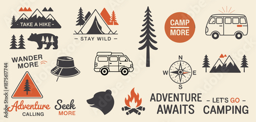 Outdoor adventure badge set with camping quotes and forest illustrations. Perfect for t-shirt designs, stickers, travel gear, or hiking-themed merchandise.